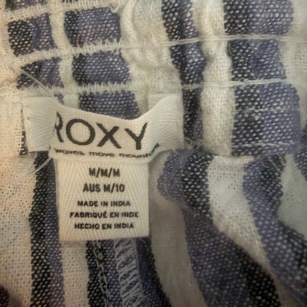 Roxy Oceanside Linen Blend Blue and White Striped Flared Leg medium pants NWT - Picture 12 of 12